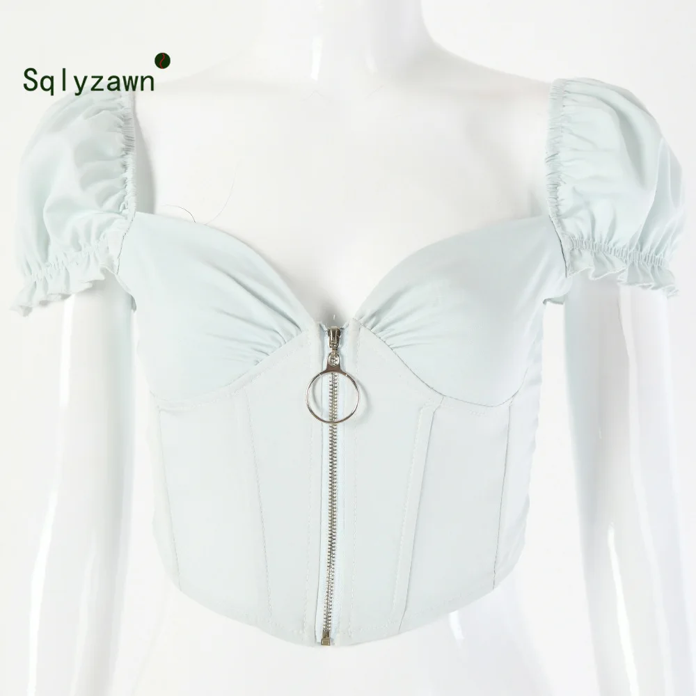 Женский винтажный укороченный топ мятного цвета с v-образным вырезом на молнии