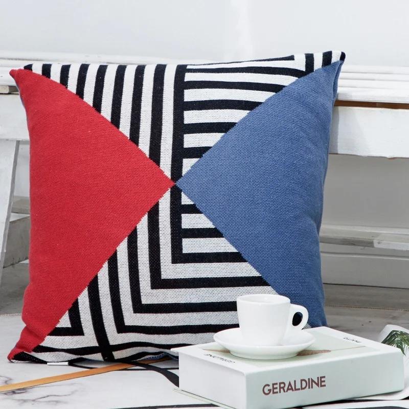 

YIRUIO Modern Red Blue Triangle Cushion Cover 45*45 Elegant Knitted Pure Cotton Living Room Decorative Throw Pillow Cover Case