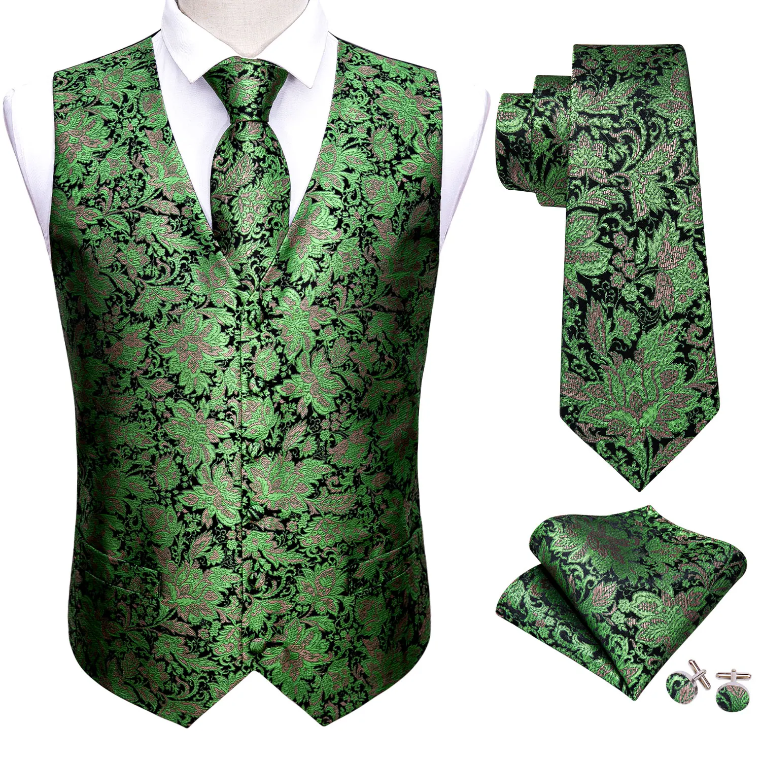 Green Mens Luxury Brocade Woven  Floral Suit Vest  Set Silk Tie Waistcoat Set Men Clothes Barry.Wang Fashion Designer M-2040