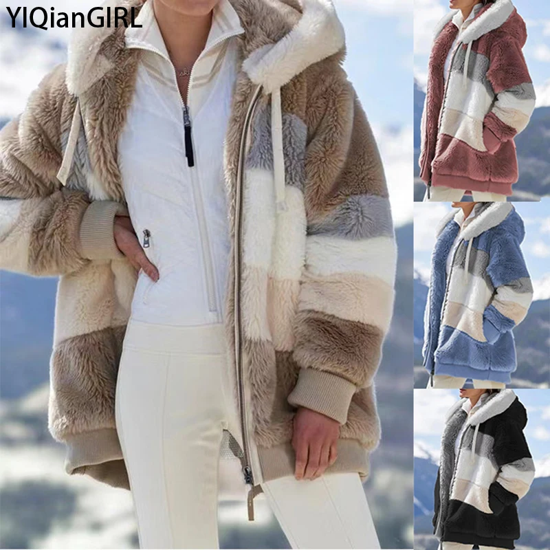 

New Winter Women's Coat Fashion Casual Stitching Plaid Ladies Clothes Hooded Zipper Ladies Jacket Lamb Wool Female Jacket