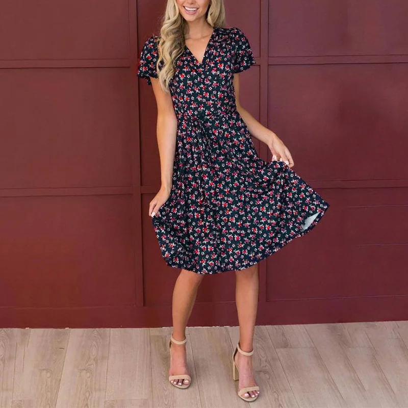 

Bohemia Female V-neck Short Sleeve Waistband A-line Sundress for Women Casual Floral Knee-length High Waist Dress Vestido Mujer