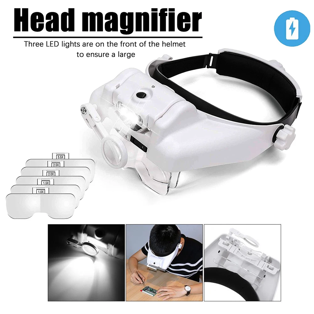 

USB Rechargeabl Head Mounted Binocular Eyewear Loupe Magnifier with 5 Replaceable Lenses Watchmaker Repair Tool