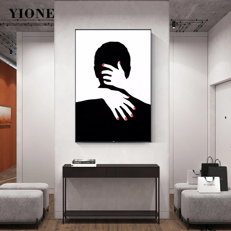 

Wall Art Painting Black and White Silhouette Lover Kiss Poster Canvas Print Picture Decorative Paintings for Bedroom Living Room