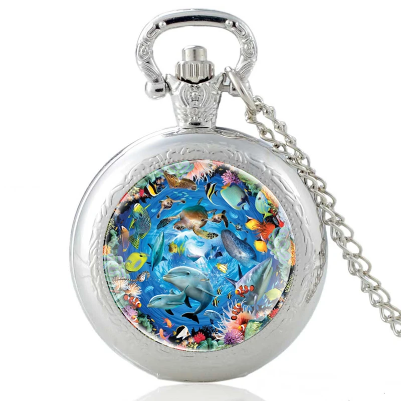 Unique Ocean World Design Vintage Quartz Pocket Watch Charm Pendant Clock Watch Men Women Glass Dome Necklace Best Gifts