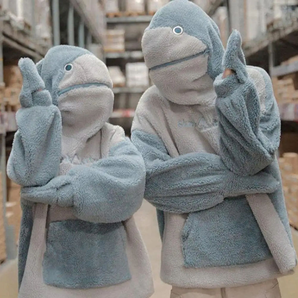 

Hooded Sweatshirt Ladies Hooded Shark Plush Sweatshirt Furry Inner Fleece Loose Pullover Tops Couple Clothes Unisex Sudaderas