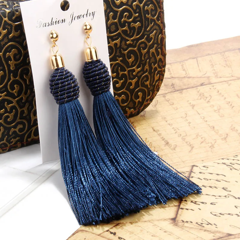 Богемные шелковые длинные серьги с кисточками для женщин Кристальные Висячие