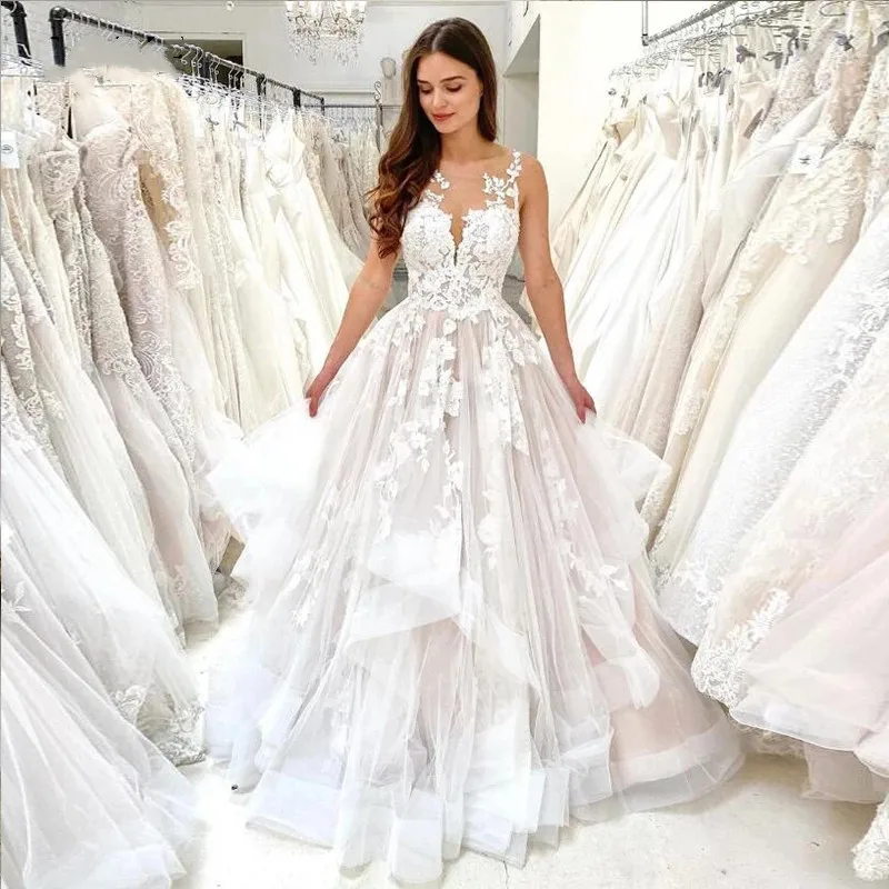 

Винтажные свадебные платья, кружевное платье принцессы трапециевидной формы с круглым вырезом и аппликацией, 2021