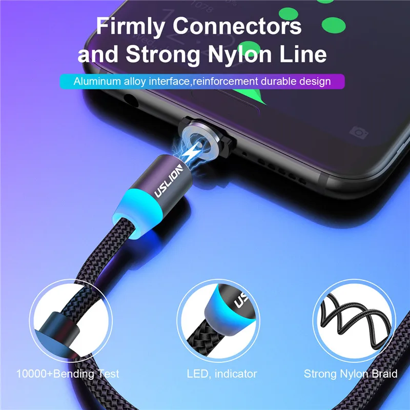 

LED 2M Magnetic USB Cable Micro usb Type C Charger Mobile Phone Cable Cord 360 Rotation Fast Charging For iPhone 12 Xiaomi