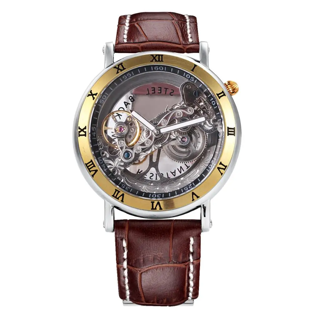 Carved GOLDEN Топ бренд WINNER часы для мужчин Авто Механические Золотой мост наручные часы для мужчин Роскошные пояса из натуральной кожи ремень Платье Мужские часы - Цвет: Carved GOLDEN
