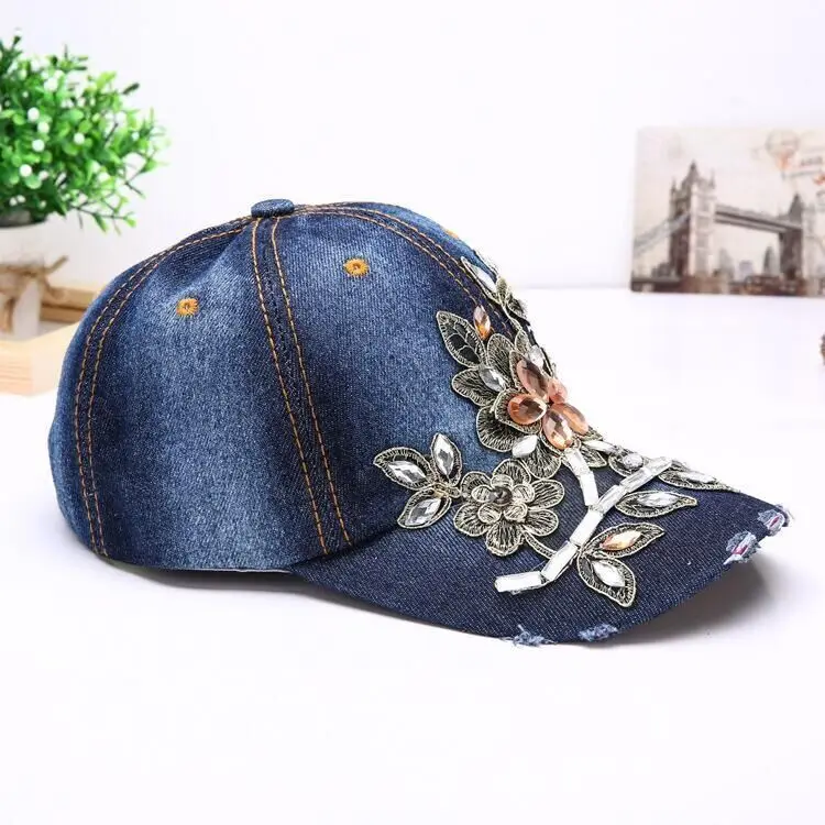 Women's Baseball Cap Diamond Painting Embroidery Flower Denim Snapback Hats Jeans Woman Female Cap Cowboy Summer Sun Hat