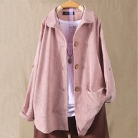 winter literature and art retro fine velvet solid color corduroy mid length coat women loose and thin top