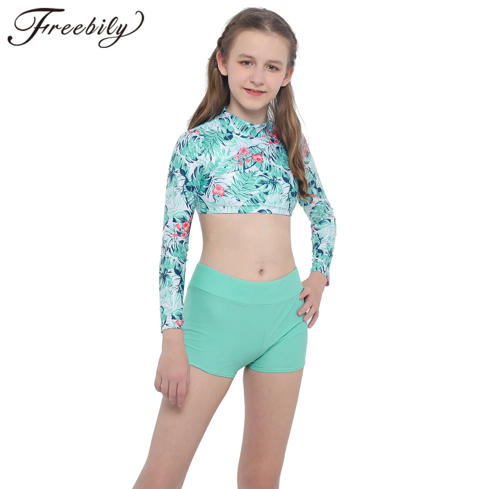 

2Pcs Kids Girls Dance Suits Long Sleeve Keyhole Back Floral Printed Crop Top and Boyshorts Set Children Dancewear for Gymnastics
