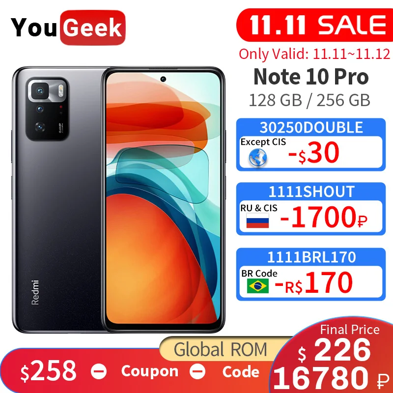 Смартфон Xiaomi Redmi Note 10 Pro с глобальной прошивкой, 128 Гб/256 ГБ, 1100 дюйма, 120 Гц, FHD + дисплей 6,6 дюйма, камера 64 мп, 5000 мАч - смартфоны