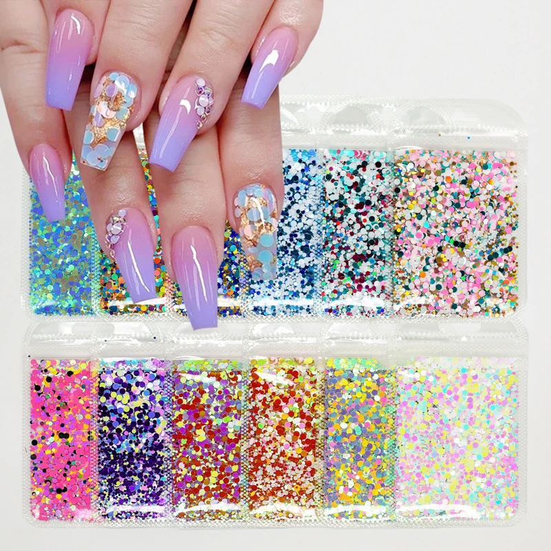 Mixed Size Holographic Round Shape Nail Glitter Flakes Sparkly 3D Colorful Sequins Spangles Polish Manicure Nails Art Decoration