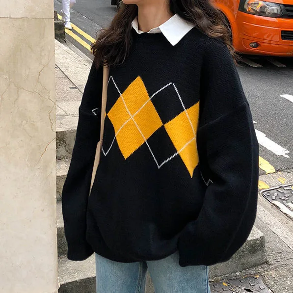 

Женский свитер, зимний модный базовый Повседневный базовый топ с геометрическим узором, женские корейские Джемперы оверсайз с длинным рука...
