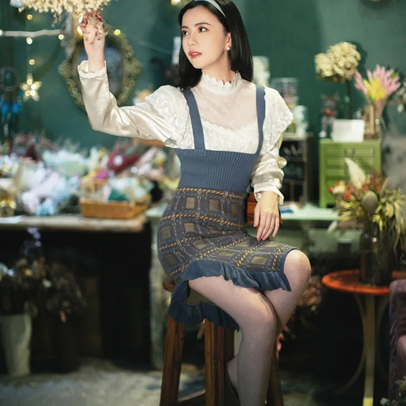 Привлекательный женский облегающий костюм SWEETXUE с юбкой на бретельках кружевная