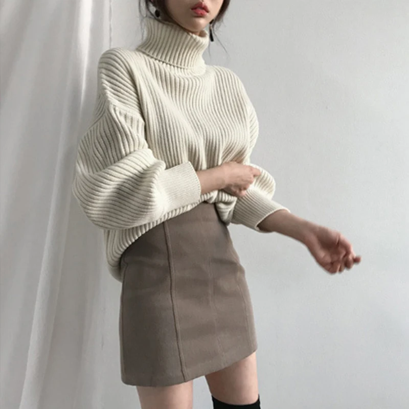 

2020 new women's high neck sweater winter high neck thickened sweater loose Pullover medium length versatile high neck sweater