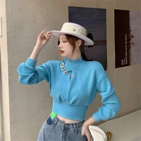 sweater women half high collar hollow with chain short long sleeved base knitted tops 2020 new winter pure color cotton sweater