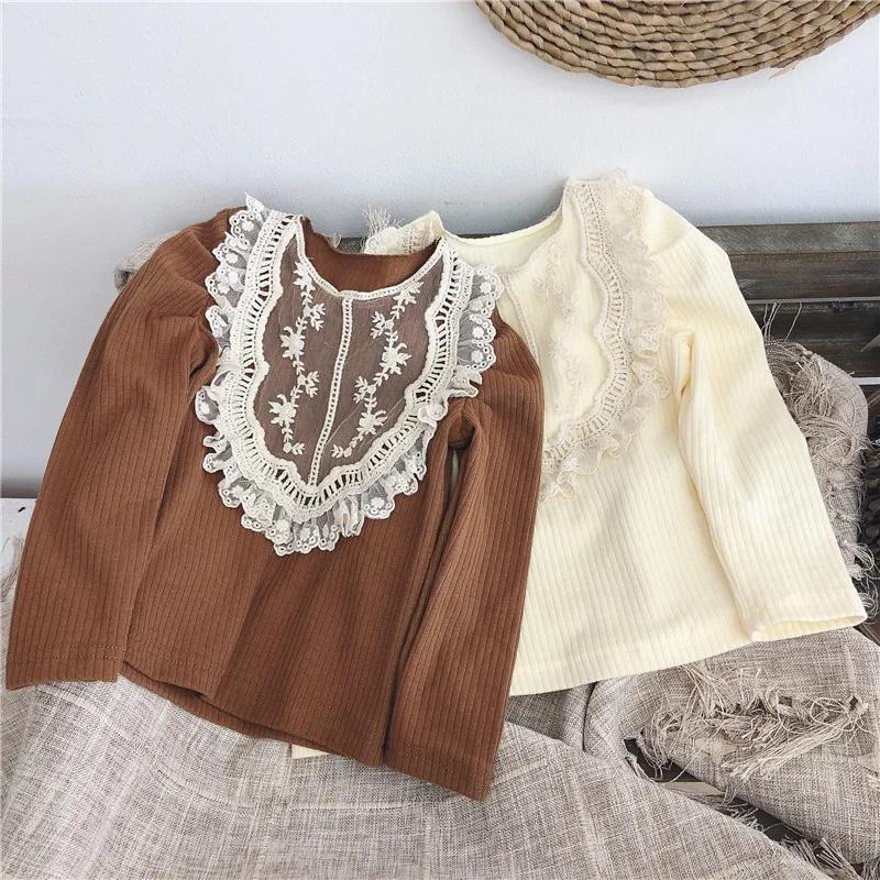 

Girls' Long-Sleeved Bottoming Shirt 2020 Autumn New Baby Girl's Korean Lace Collar Sunken Stripe T-shirt Elastic Top