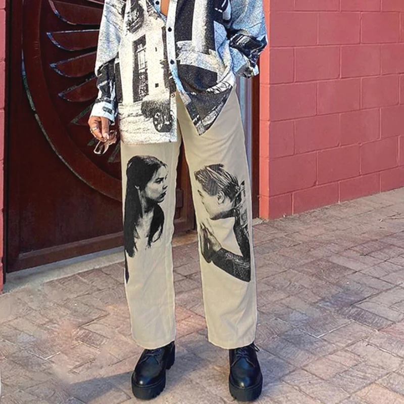 

Women's Wide Leg Long Pants, Fashion High Waist Portrait Print Loose Street Pants