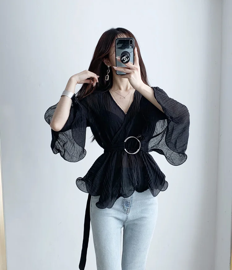 

Spring Autumn Women Fold lacing Waist Casual Tops Flare sleeve Chiffon blouse Fashion V-neck Ruffles Slim bottoming shirt