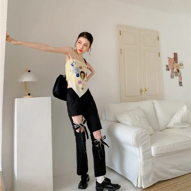 

Korejepo Women Pants 2021 Summer New Sweet Elegant Fashion Hollow Out Lace Irregular Hollow Lace-up Trousers Pencil Pants Skinny