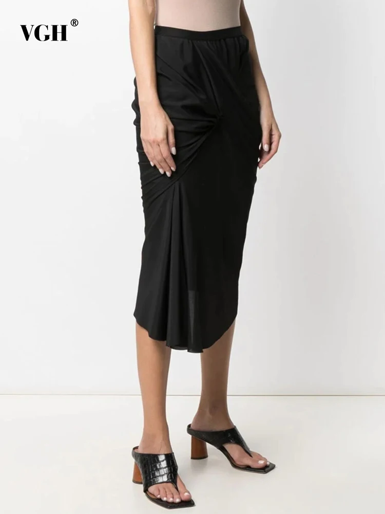 

Женская Повседневная юбка с высокой талией VGH, черная Асимметричная Облегающая Юбка со складками, для осени, 2021