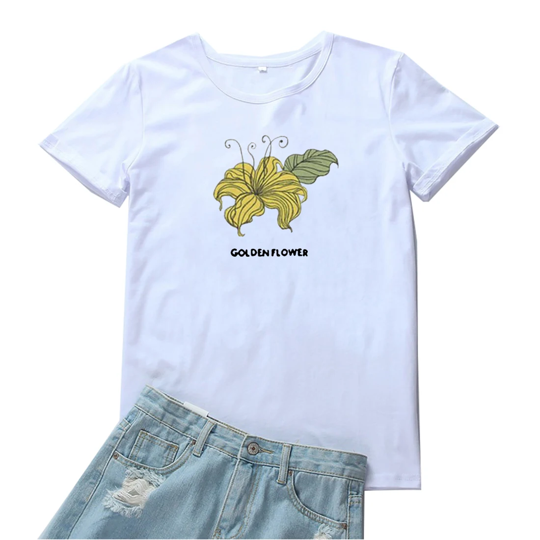 

Футболка женская с изображением золотого цветка, модная тенниска с красивым принтом, повседневная майка, уличная одежда в эстетике