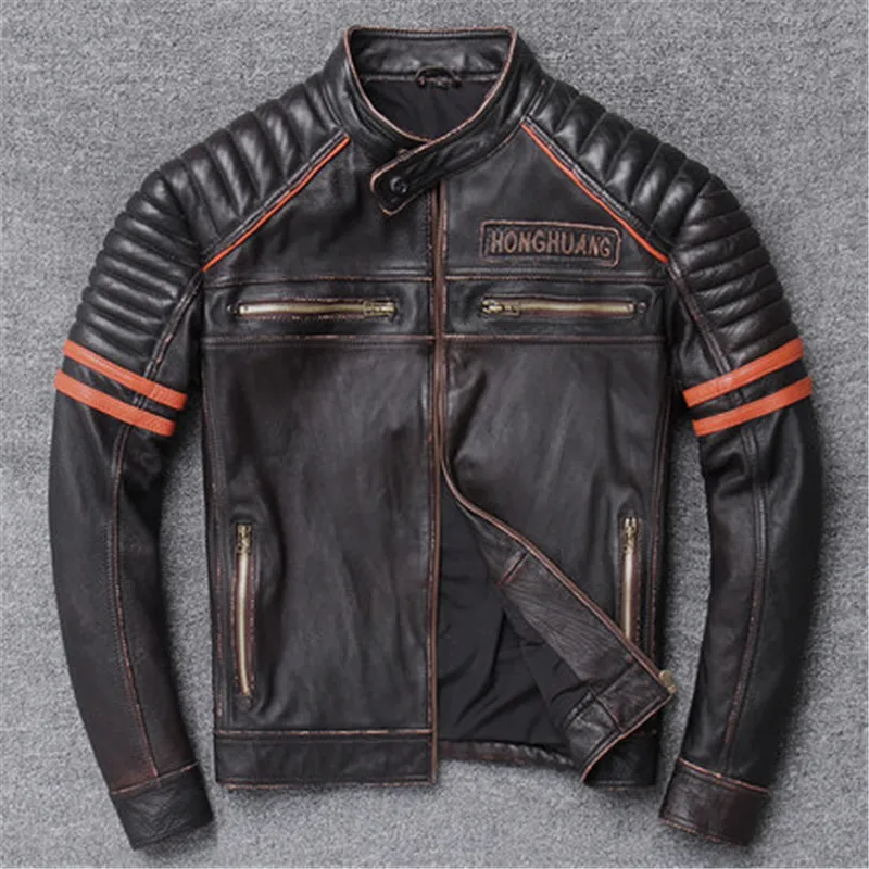 

MORUANCLE Mens Cowhide Motorcycle Jackets And Coats Hi Street Genuine Leather Biker Trucker Jacket Real Leather Outerwear