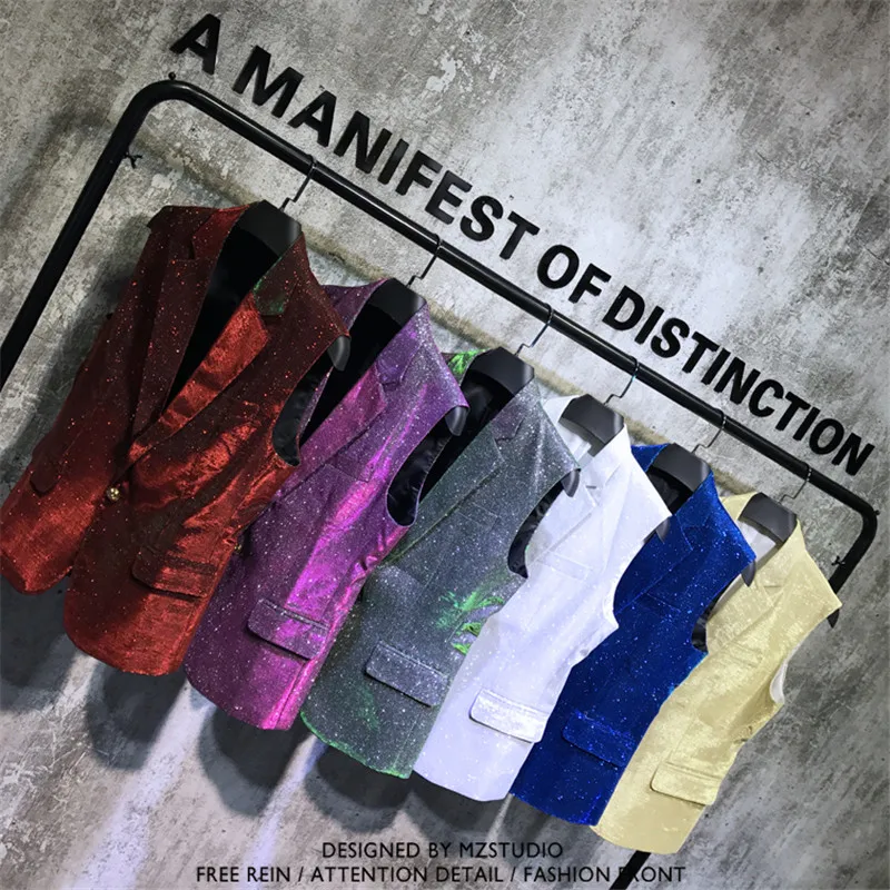 Men Custom Made Bar Nightclub Outfit Male Singer DJGD Trendy Stretch Multicolor Shiny Powder Vest Host Costume
