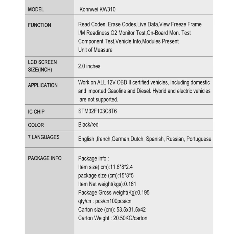 

KW310 OBD2 Diagnostic Scanner Automotive Scanner For Car Code Reader Scanner U2JA