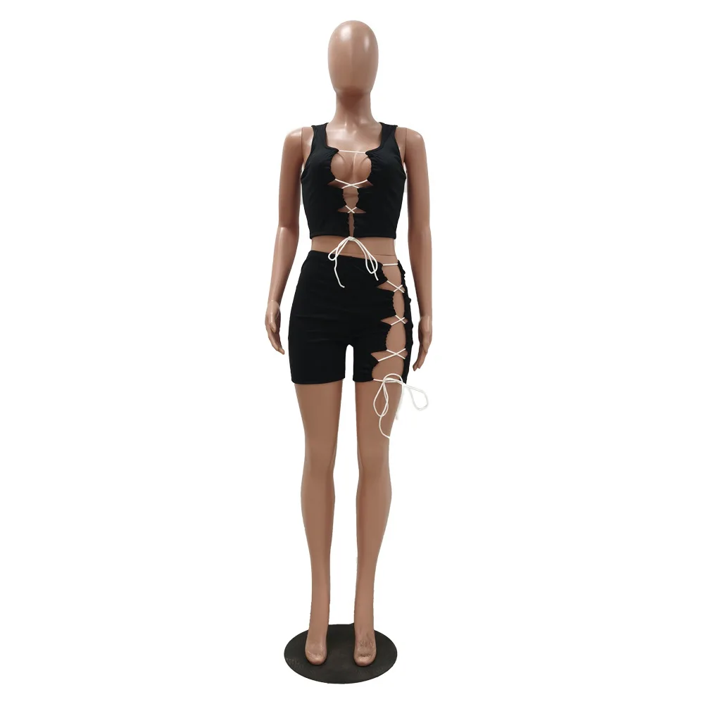 

Summer Beach Two Piece Set for Women Sexy Open Chest Bandage Biker Shorts Bodycon 2 Piece Sets Womens Outfits Club Outfits