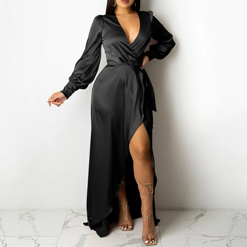 

Modern Stain Black Long Dress Sexy Split V Neck Women Long Sleeve Night Club Vestidos African Ladies Autumn Fall Maxi Dresses