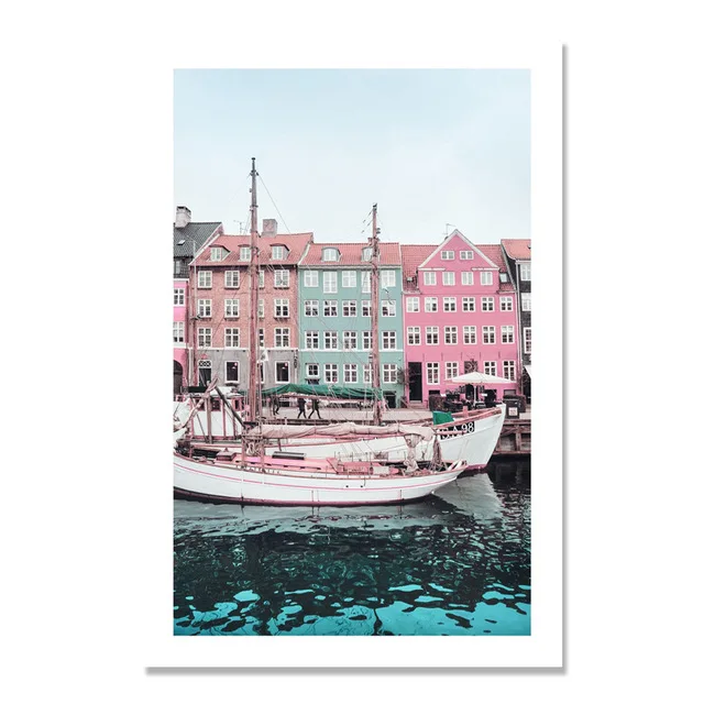 

Pink Building Canvas Painting Boat Nordic Poster Picture Posters Travel House Wall Art Pictures For Living Room Prints Unframed