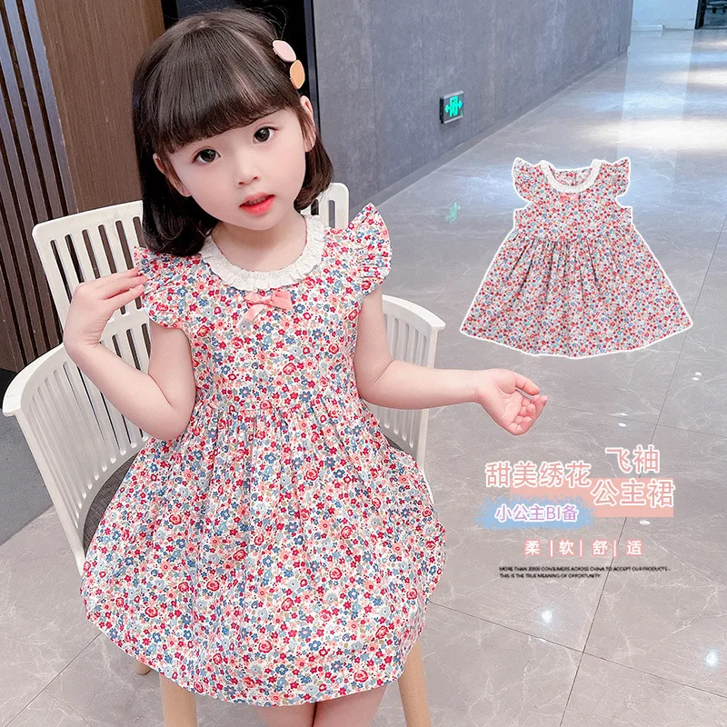 

Girls Dress Summer Cool Princess Dress Floral Dress Cotton Flying Sleeves Summer Bowknot Casual Children's Skirt