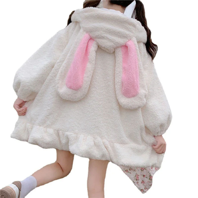

Women Sweet Warm Jacket Autumn Winter Coats Japanese Style Kawaii Soft Lambswool Ruffles Rabbit Ears Hooded Girls Parkas Outwear