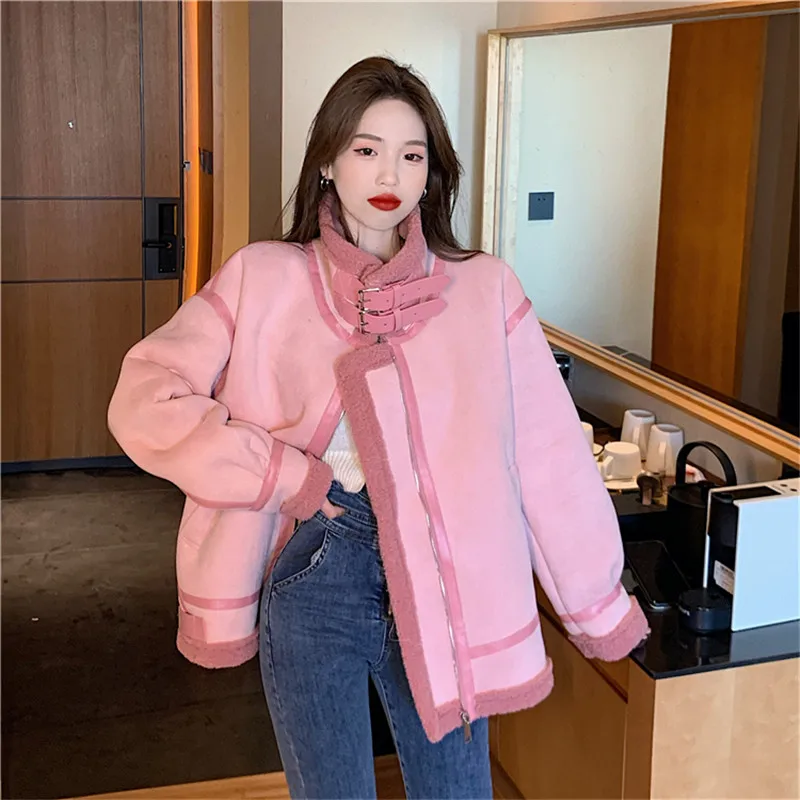 

Winter pink suede jacket warm turtleneck long sleeve zipper Oversize harajuku warm cargos faux fur parkas 2021