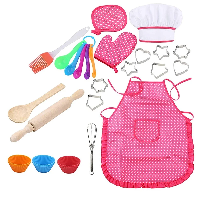 

27Pcs Kids Pretend Play Chef Set for Kids Kitchen Cooking and Baking Kits Dress Up Role Play Toys for Little Girls Gift