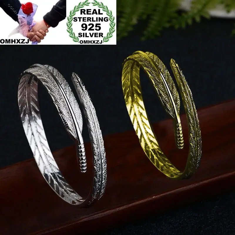 

OMHXZJ Wholesale European Fashion Woman Girl Party Gift Leather Open 925 Sterling Silver 18KT Yellow Gold Cuff Bangle BA83