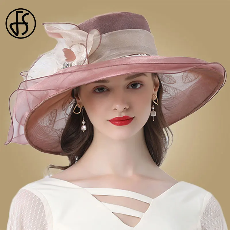 Женская шляпка из органзы FS с широкими полями и декоративными цветами летняя 2019 |