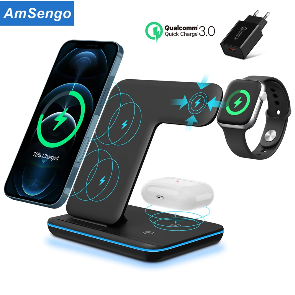 Беспроводная зарядная подставка 3 в 1 для Apple Watch 6 5 4 iPhone 12 Pro 11 X XS XR Airpods 15 Вт Qi