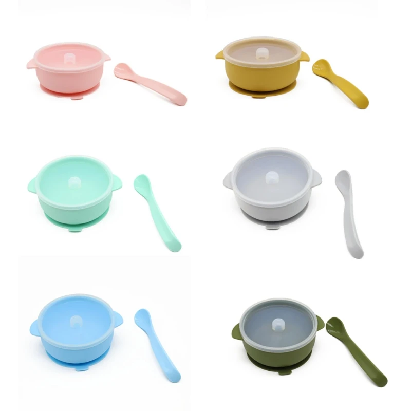 

T5EC 2 Pcs BPA Free Silicone Waterproof Baby Suction Bowl with Lid Training Spoon Set Non-Slip Learning Feeding Food Dish