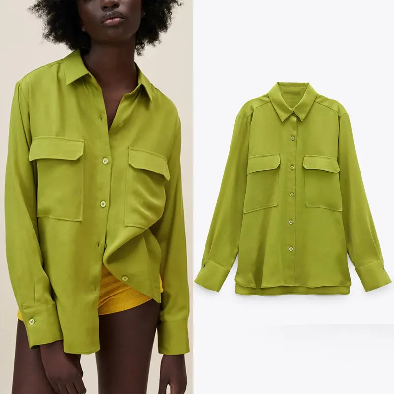 

Za Summer Lapel Print Girl Shirt Casual Single-breasted Fashion Long Sleeve Front Big Pocket Irregular Hem Fashion Office Shirt