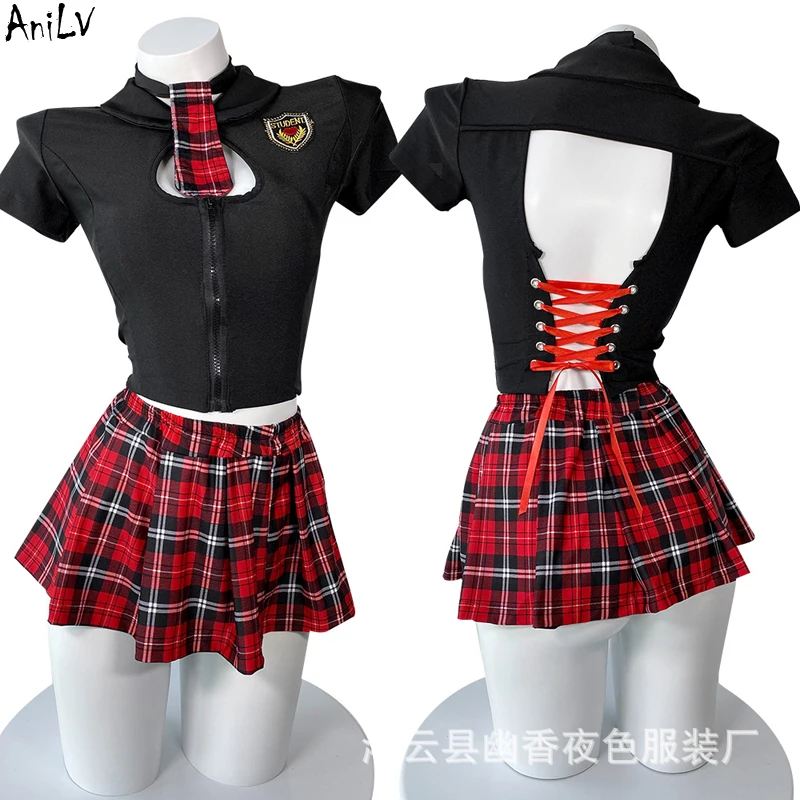 

AniLV School Student Girl Unifrom Costume Women Sexy Red Plaid Pleated Skirt Hot Lingerie Pajamas Set Cosplay
