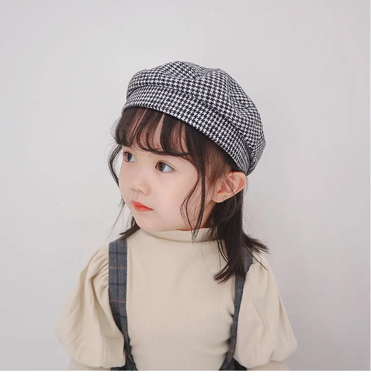 New Plaid Beret Hat for Kids Boys Brimless Artist Cap Baby Girls Autumn Flap Top French Hair Berat for 3-7 years old