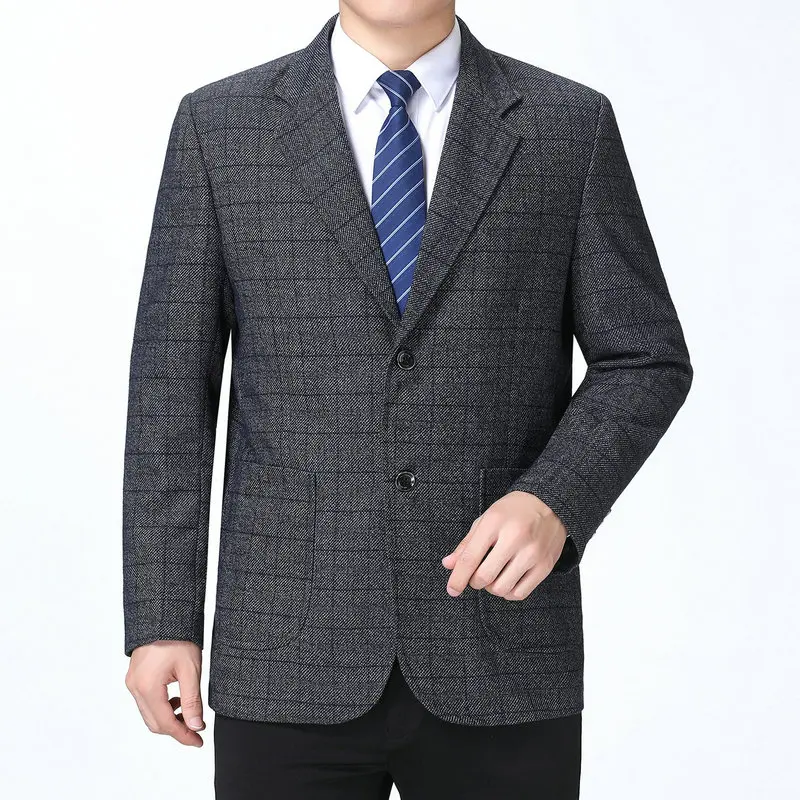 

Men Plaid Blazers Spring Autumn Smart Casual Jacket Suit Blue Gray Checked Pattern Notched Collar Outfits Four Season Clothes