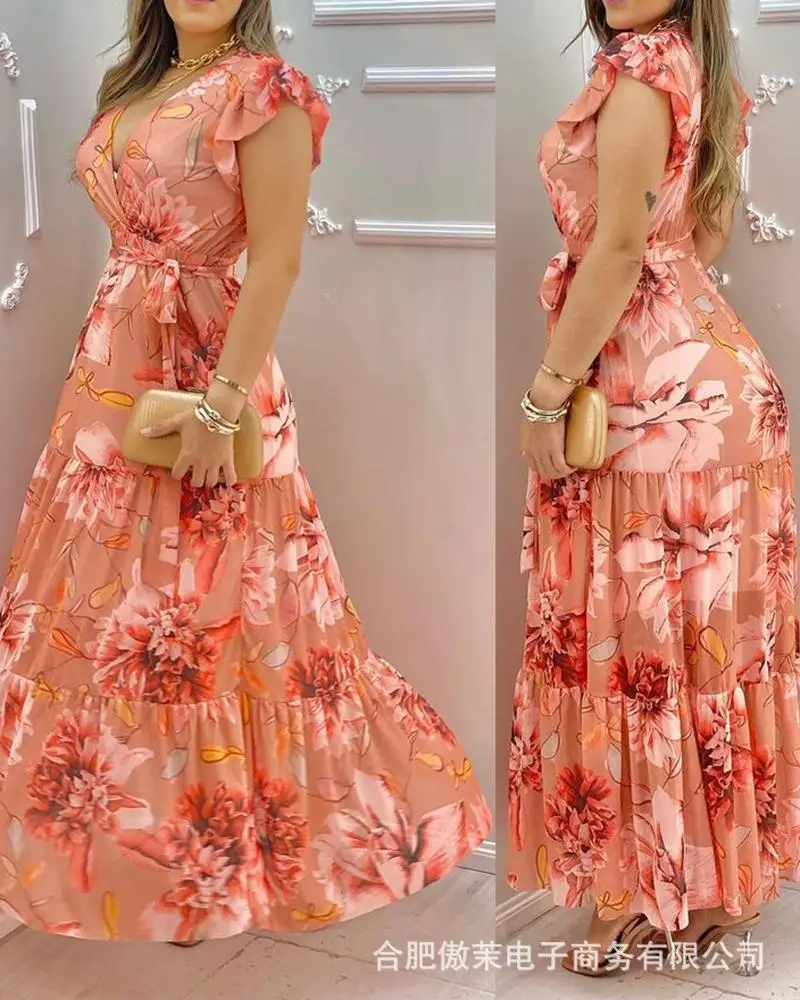 

Fashion new women's Pink printed V-neck Chiffon Dress