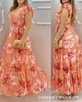 fashion new womens pink printed v neck chiffon dress