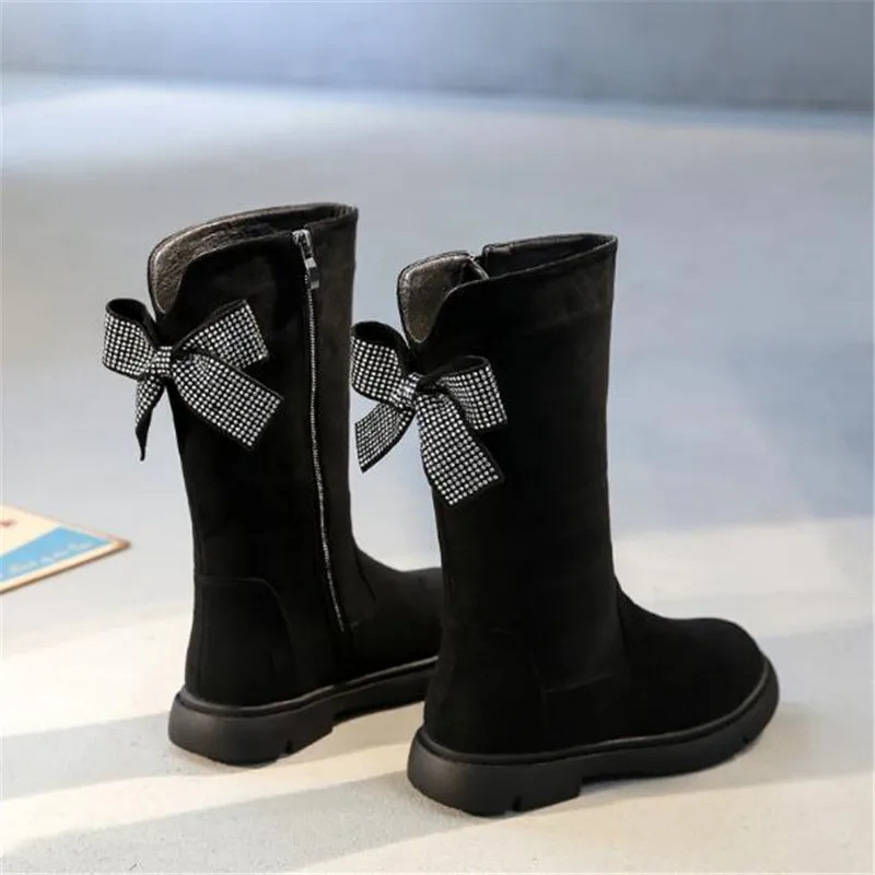 

New Winter Black High Boots Girls Rhinestone Bow Children Snow Boots Baby Toddler Shoes Kids Flock Leather Boots 03
