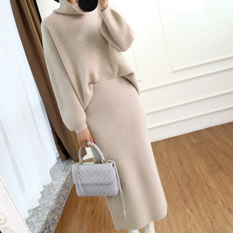 2019 осень зима кашемировый свитер с высоким воротником Женский комплект